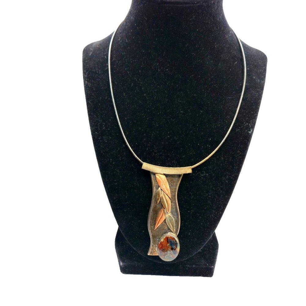 MJI Italy Copper Sterling Leaf Necklace Jasper Artisan Modernist VTG